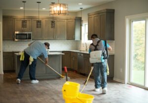 Two men washing a floor